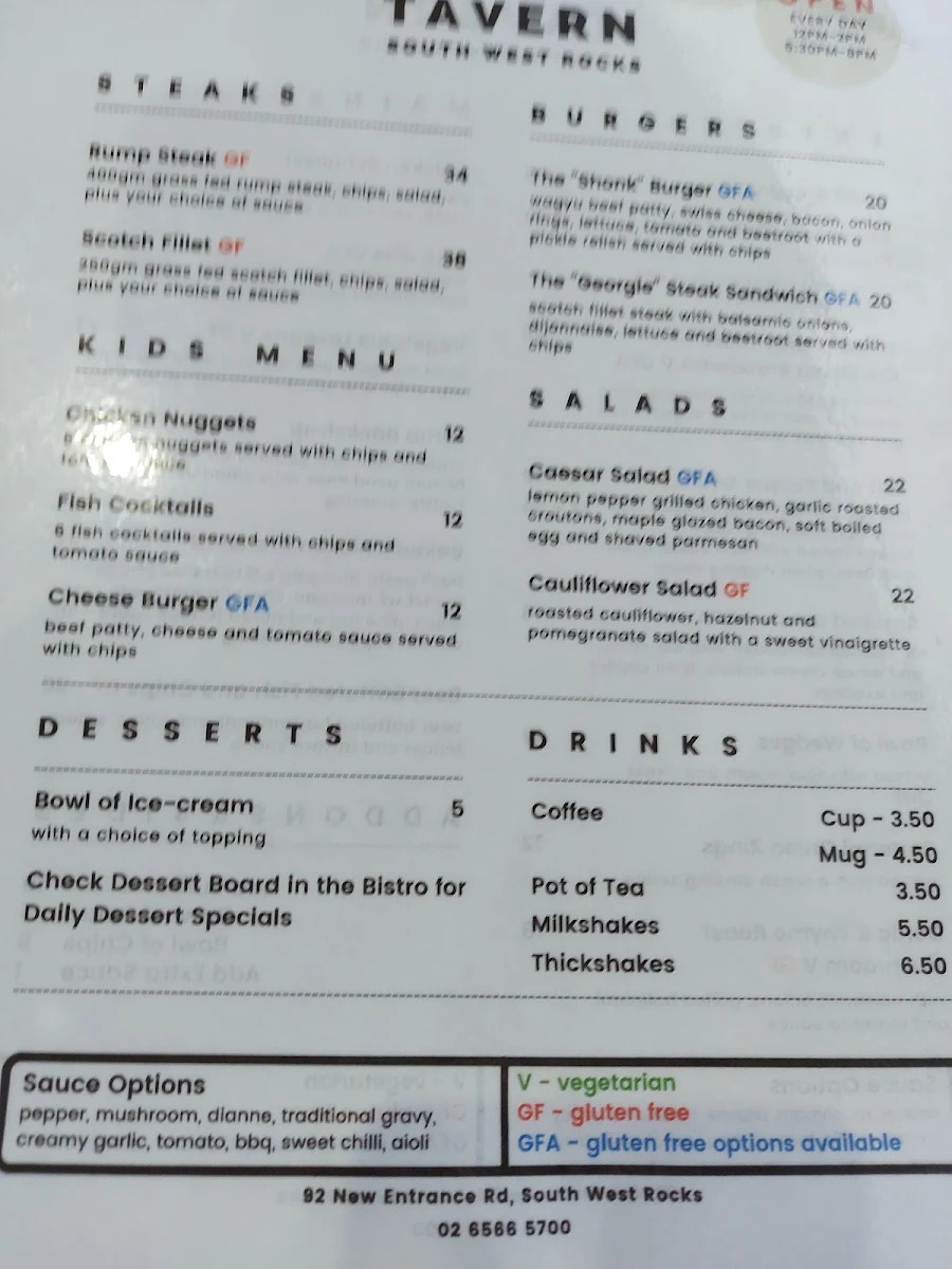Menu, Riverside Tavern