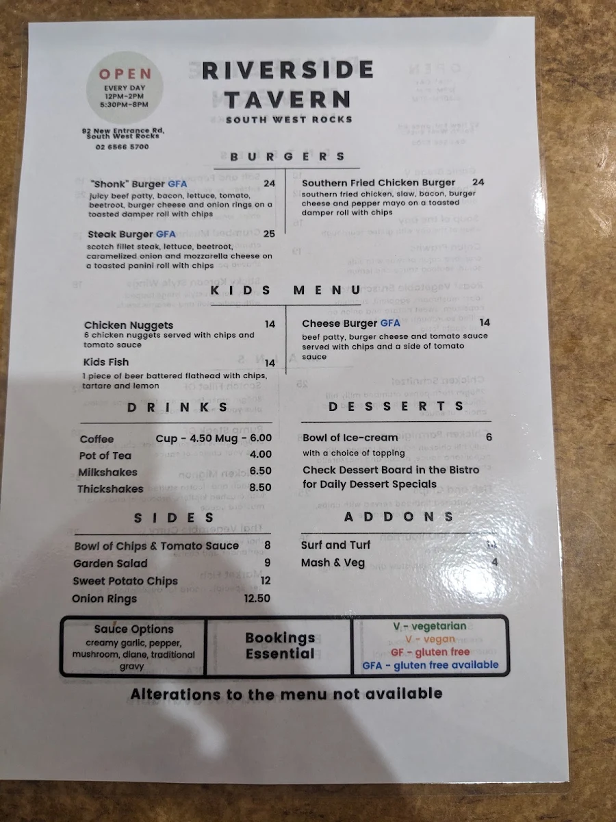 Menu, Riverside Tavern