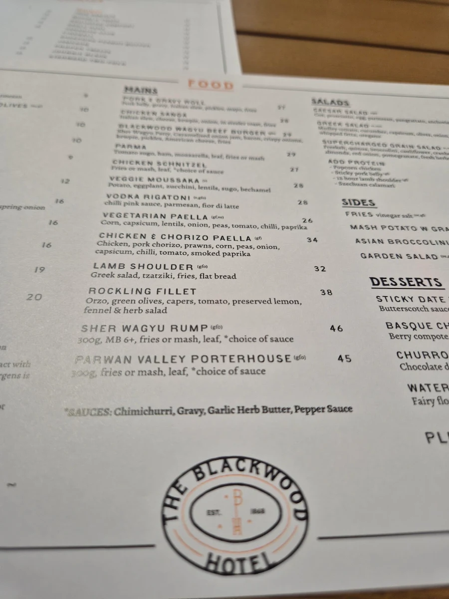 Menu, The Blackwood Hotel