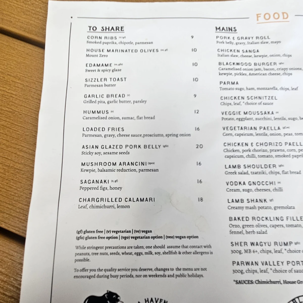 Menu, The Blackwood Hotel