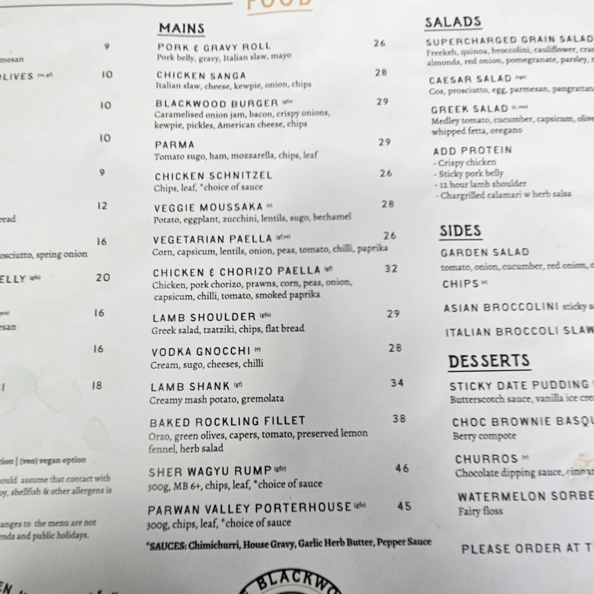Menu, The Blackwood Hotel