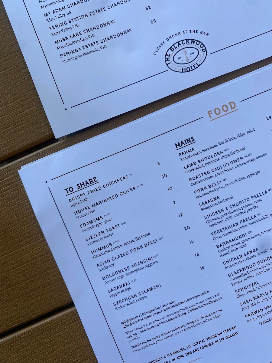 Menu, The Blackwood Hotel