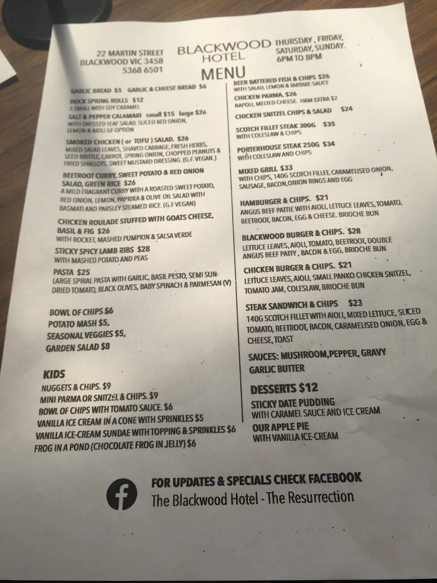 Menu, The Blackwood Hotel