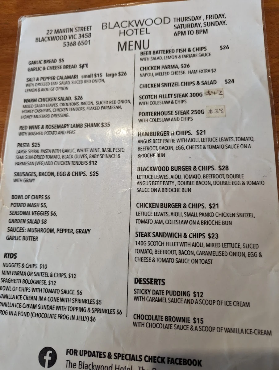 Menu, The Blackwood Hotel
