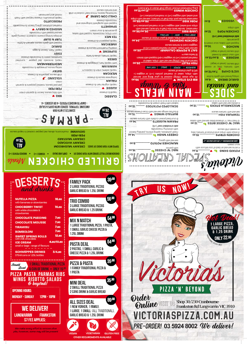 Menu, Victoria's Pizza N Beyond Langwarrin