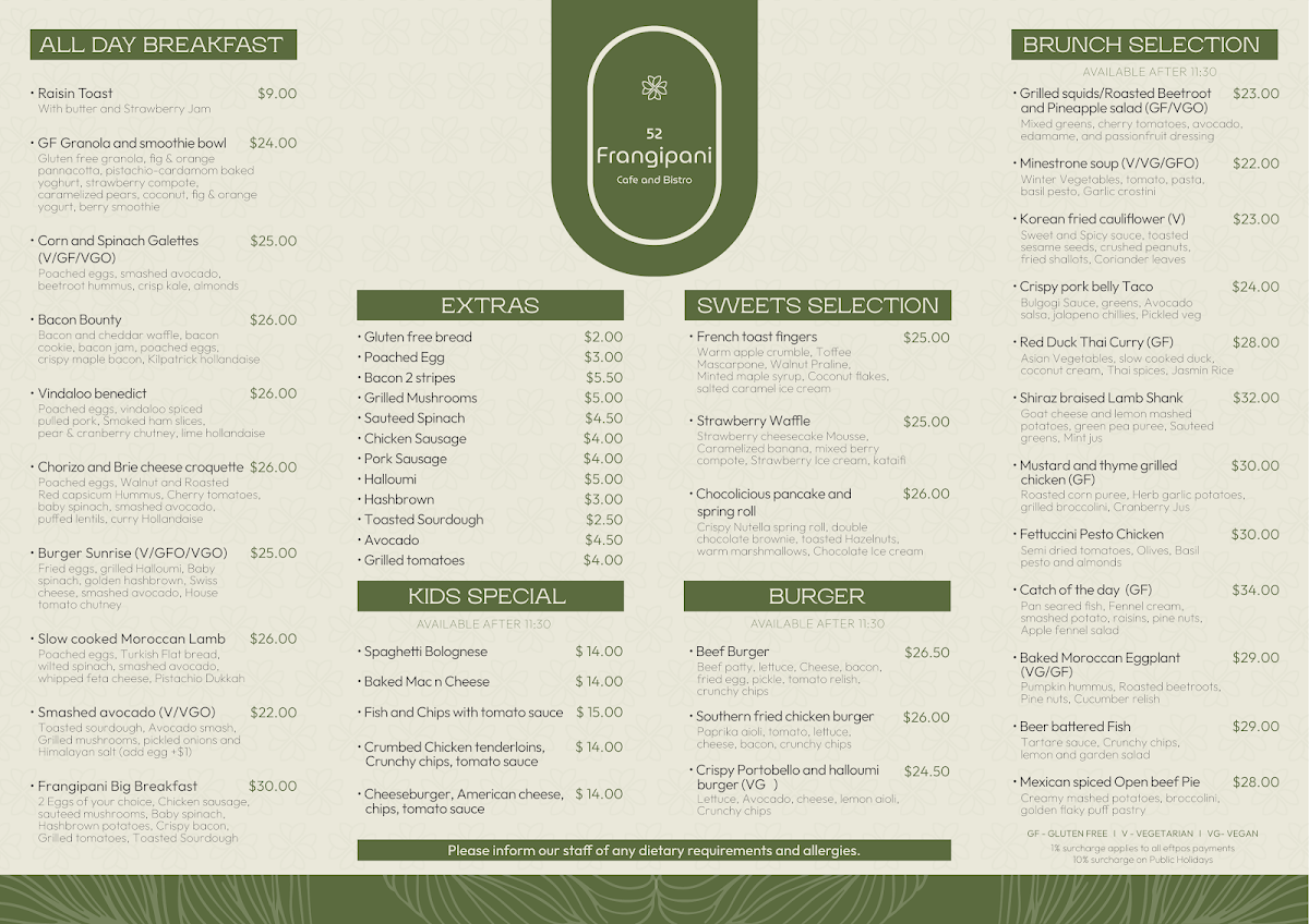 Menu, 52 Frangipani