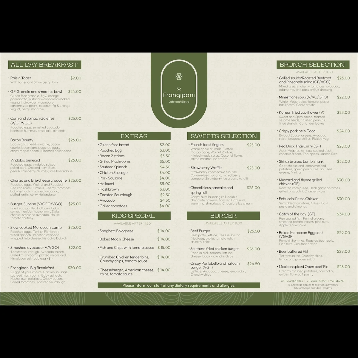 Menu, 52 Frangipani