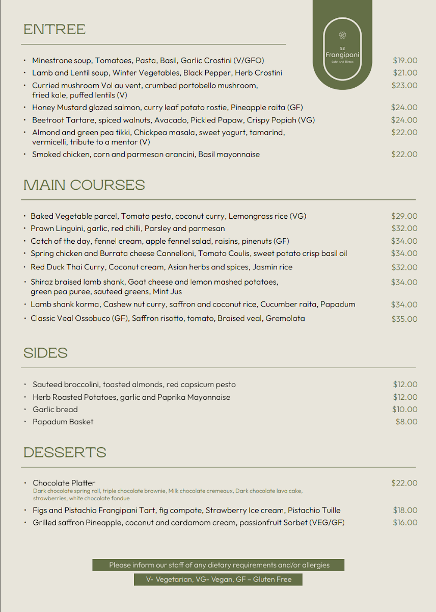 Menu, 52 Frangipani
