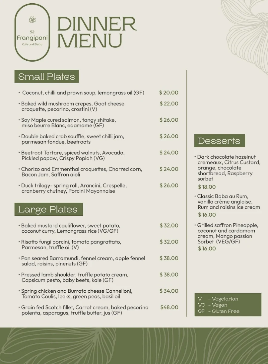 Menu, 52 Frangipani