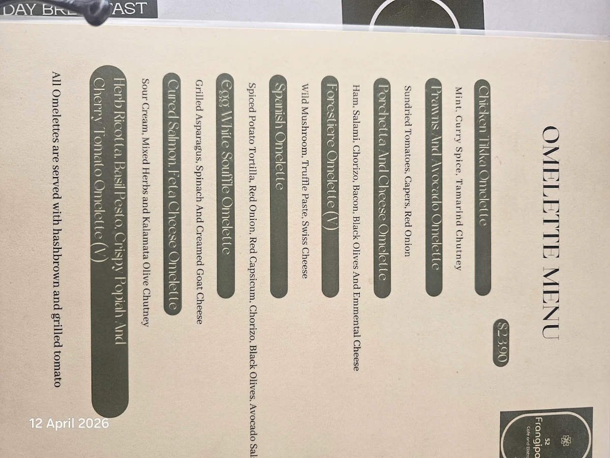 Menu, 52 Frangipani
