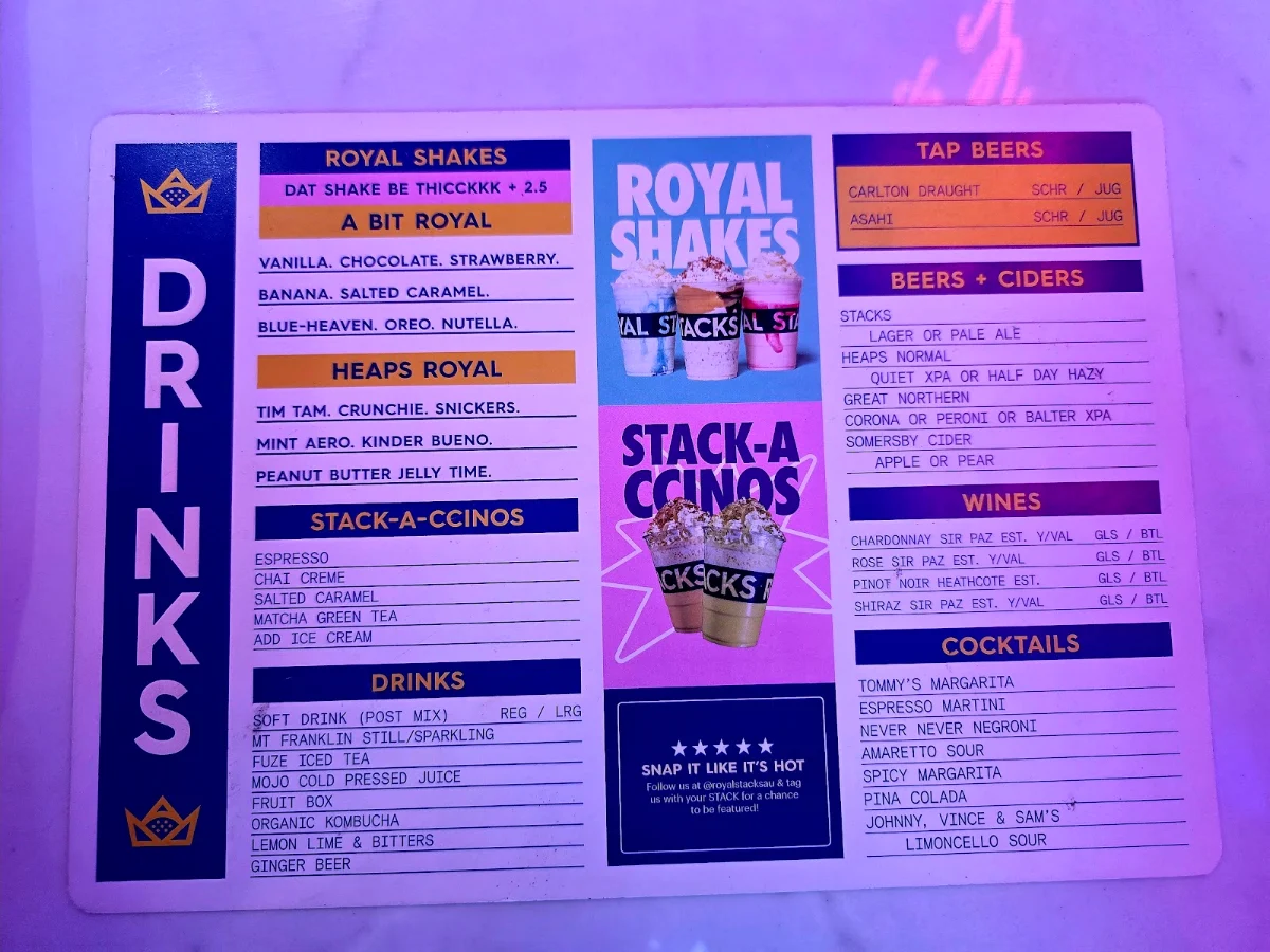 Menu, Royal Stacks Bourke St