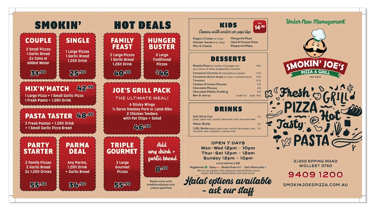 Menu, Smokin Joe's Pizza & Grill Wollert
