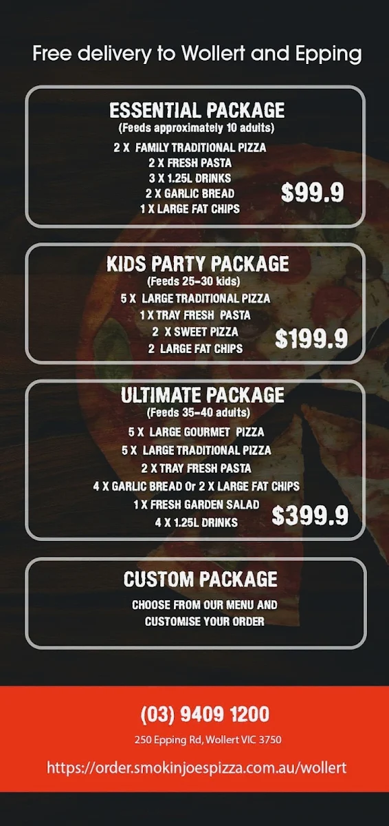 Menu, Smokin Joe's Pizza & Grill Wollert