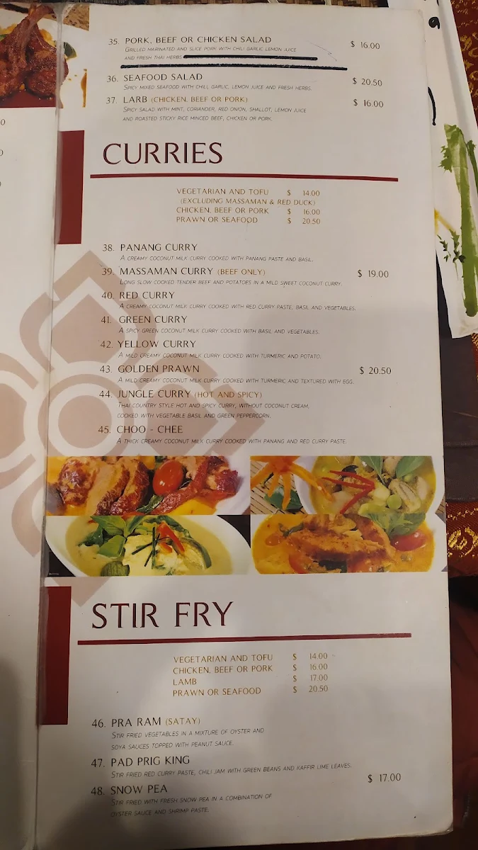 Menu, Ban Thai restaurant