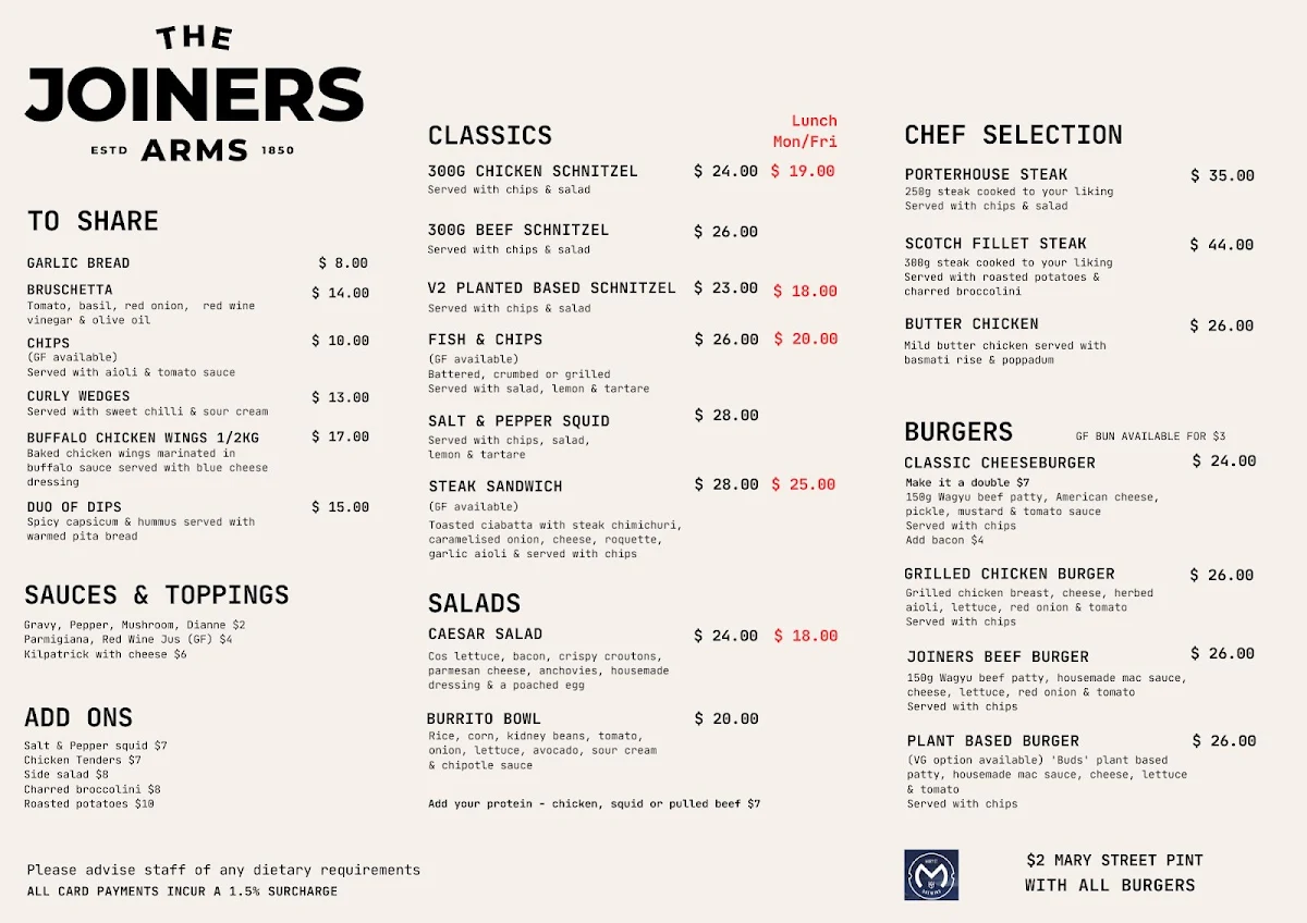 Menu, The Joiners Arms Hotel