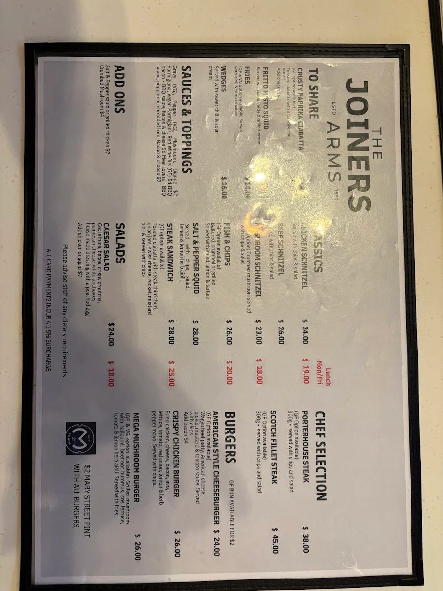 Menu, The Joiners Arms Hotel