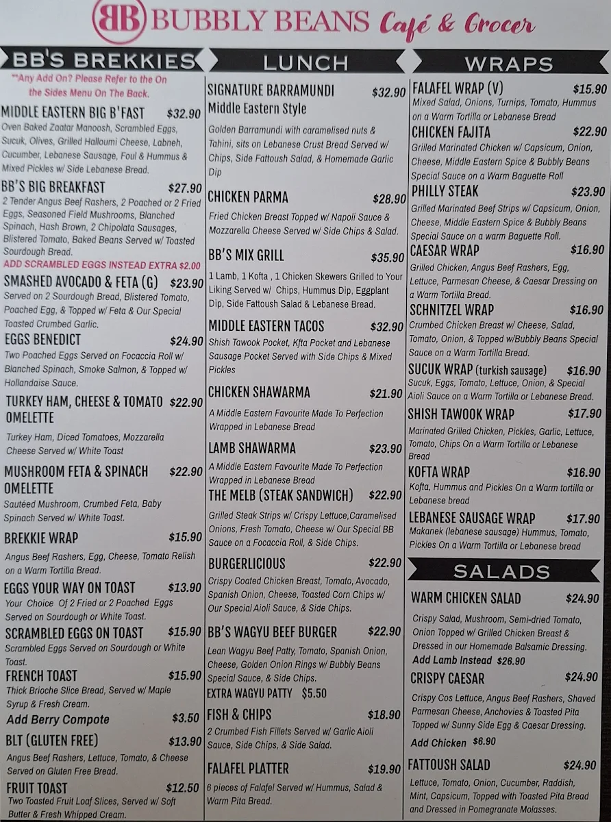 Menu, BUBBLY BEANS CAFE MIDDLE EASTERN GROCERY STORE CHELSEA