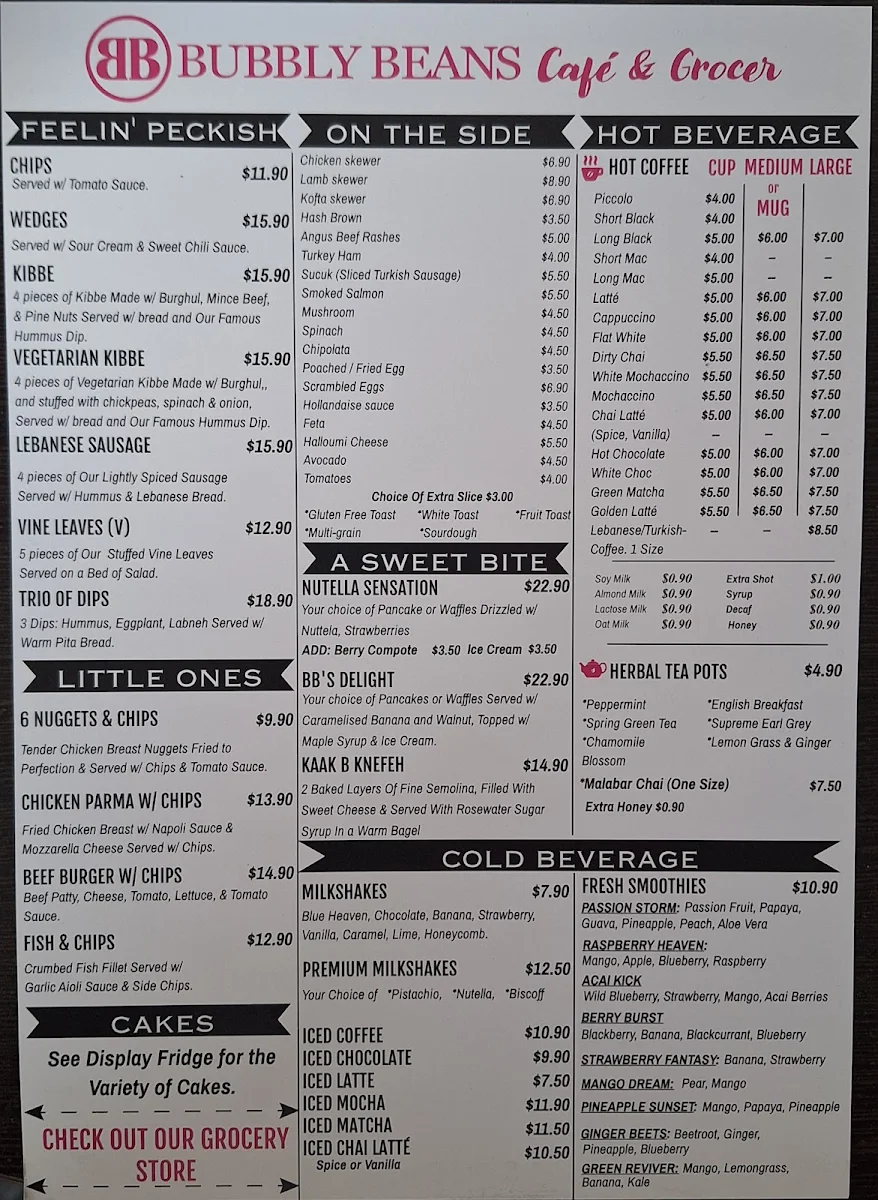 Menu, BUBBLY BEANS CAFE MIDDLE EASTERN GROCERY STORE CHELSEA