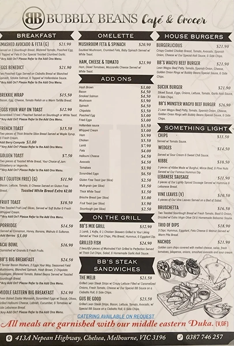 Menu, BUBBLY BEANS CAFE MIDDLE EASTERN GROCERY STORE CHELSEA