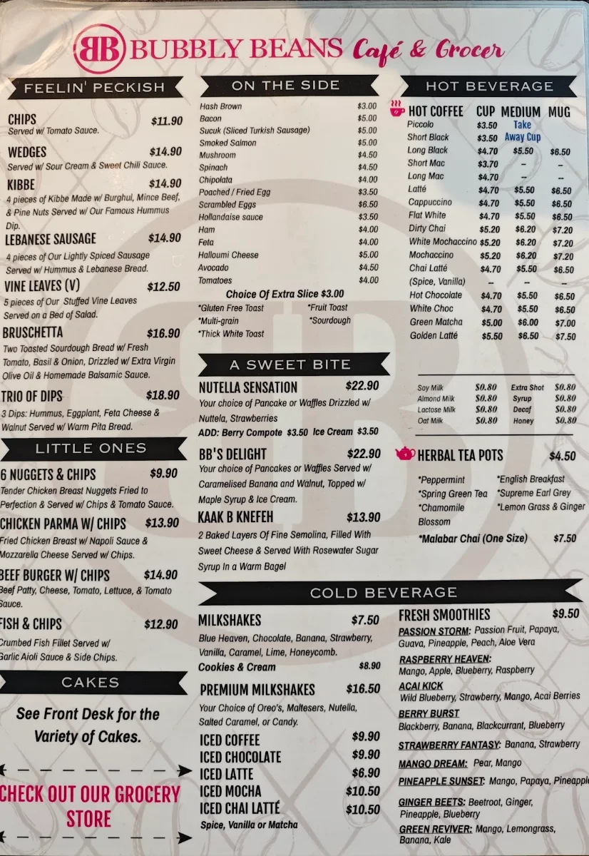 Menu, BUBBLY BEANS CAFE MIDDLE EASTERN GROCERY STORE CHELSEA