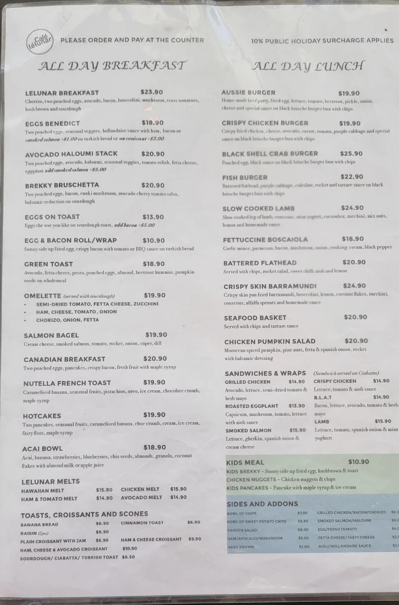 Menu, Cafe LeLunar Brookvale