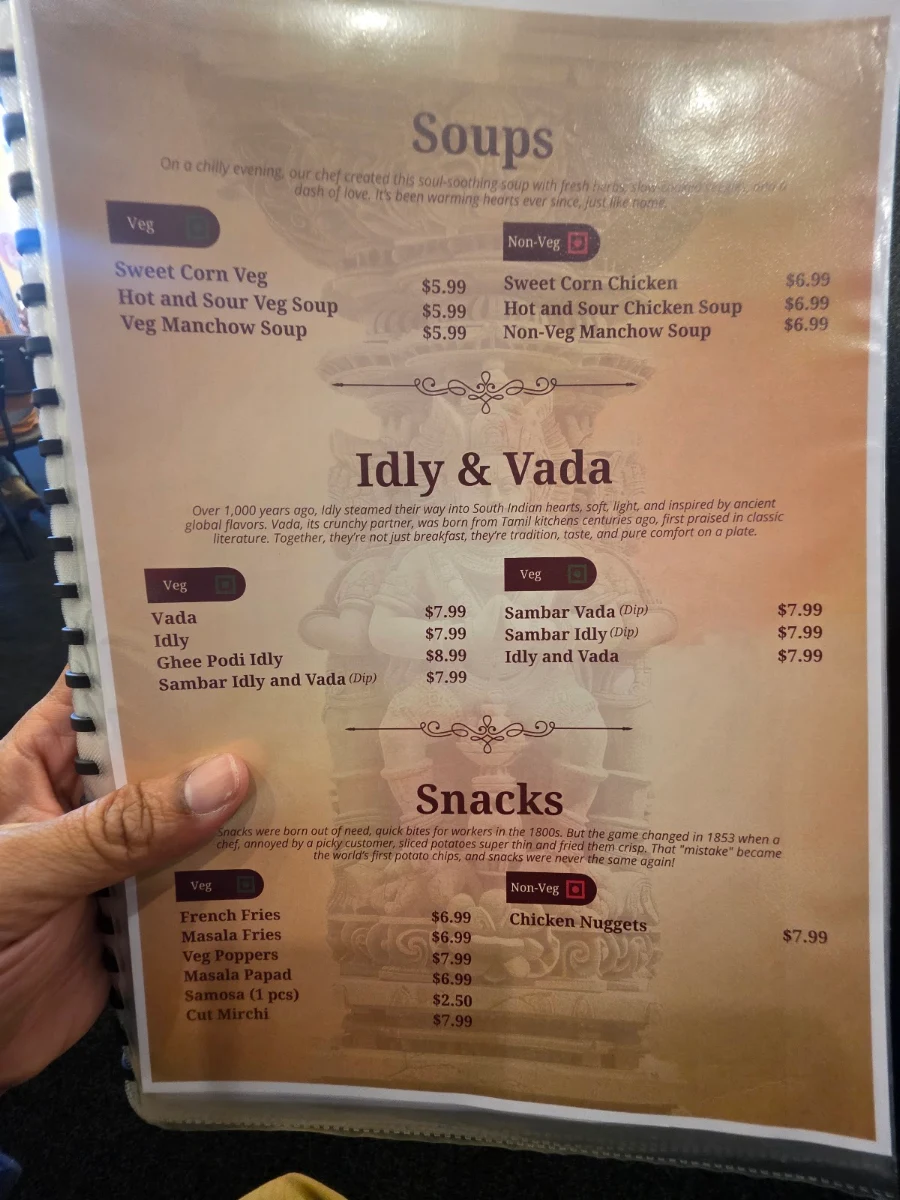 Menu, Satavahana Indian Restaurant