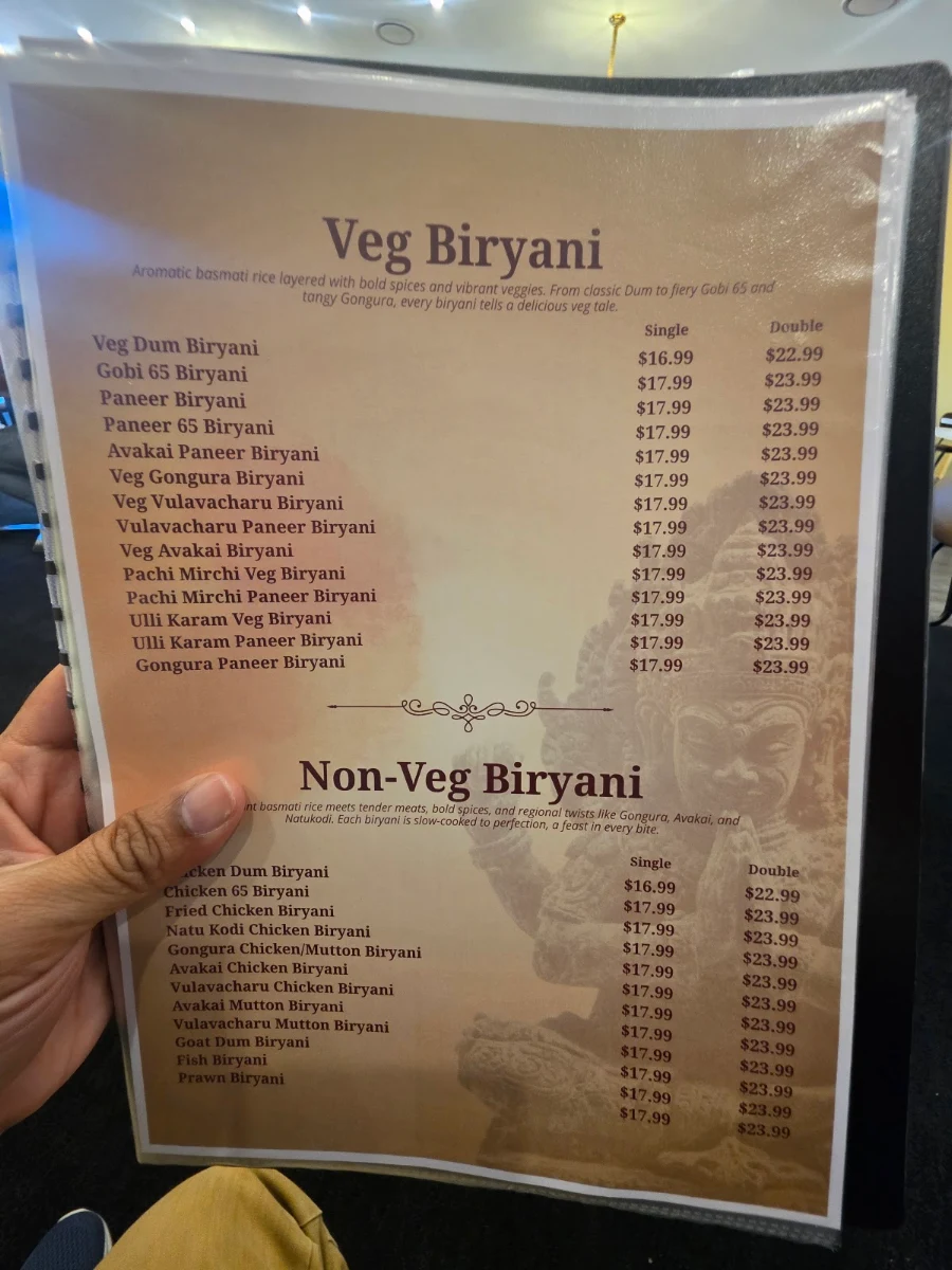 Menu, Satavahana Indian Restaurant