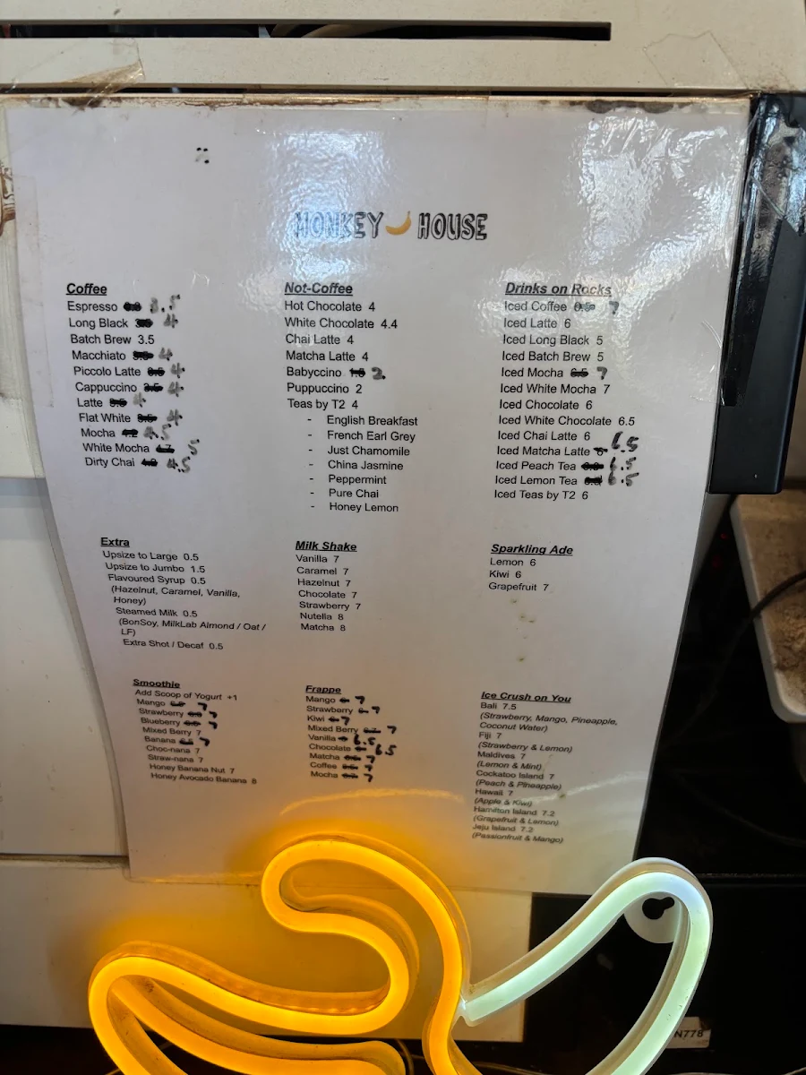 Menu, Monkey House Cafe Strathfield