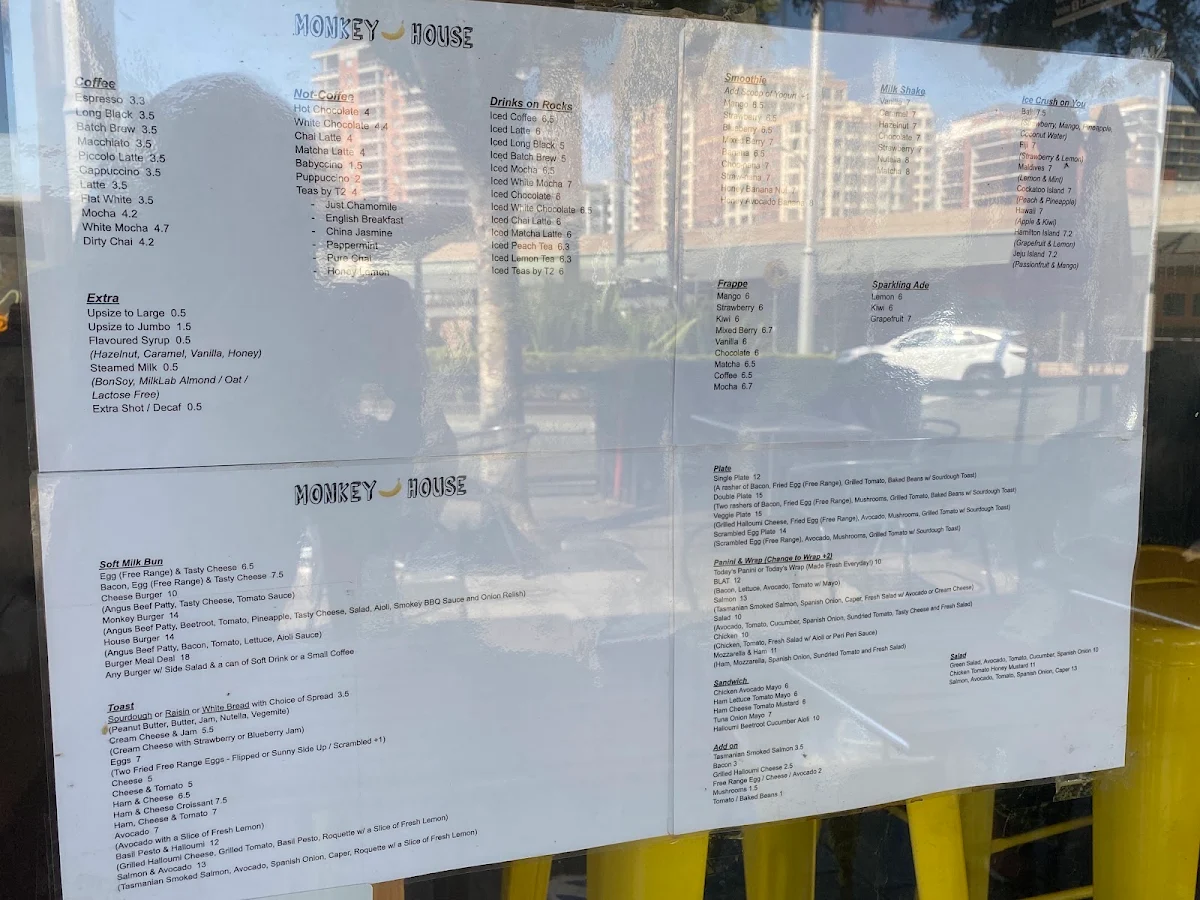 Menu, Monkey House Cafe Strathfield