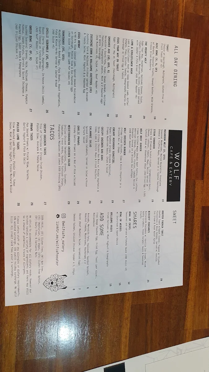 Menu, Wolf Cafe & Eatery