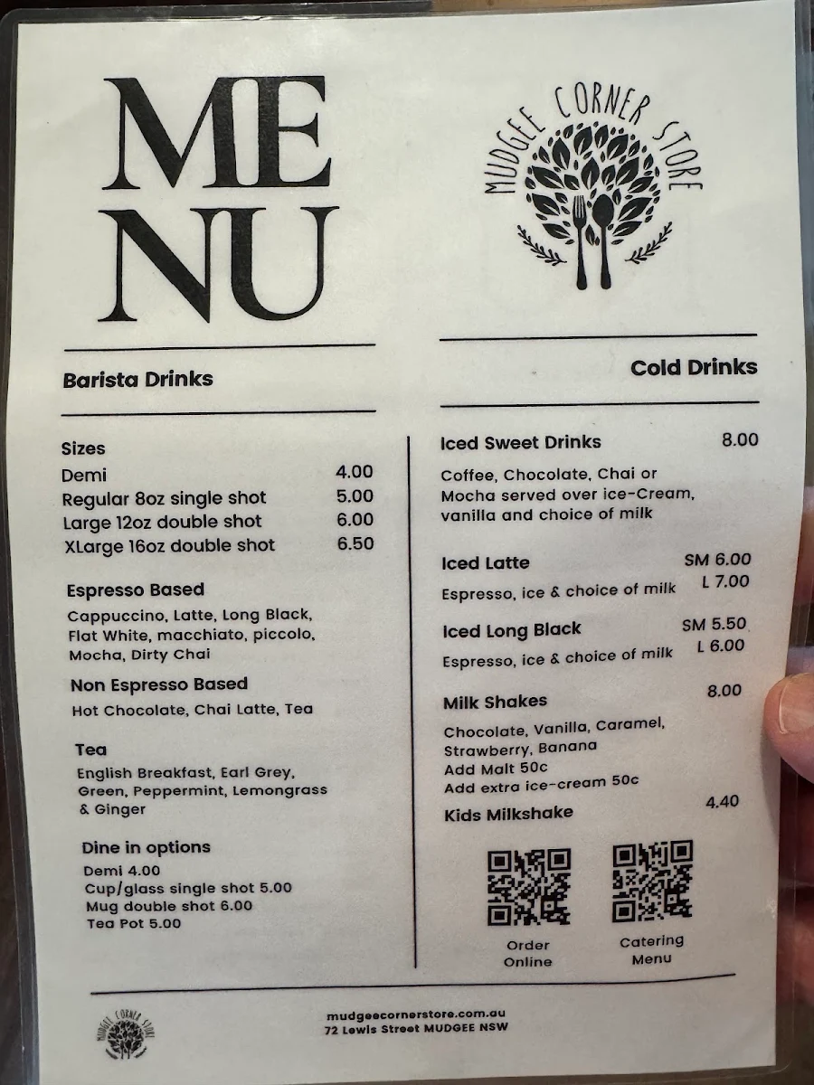Menu, Mudgee Corner Store