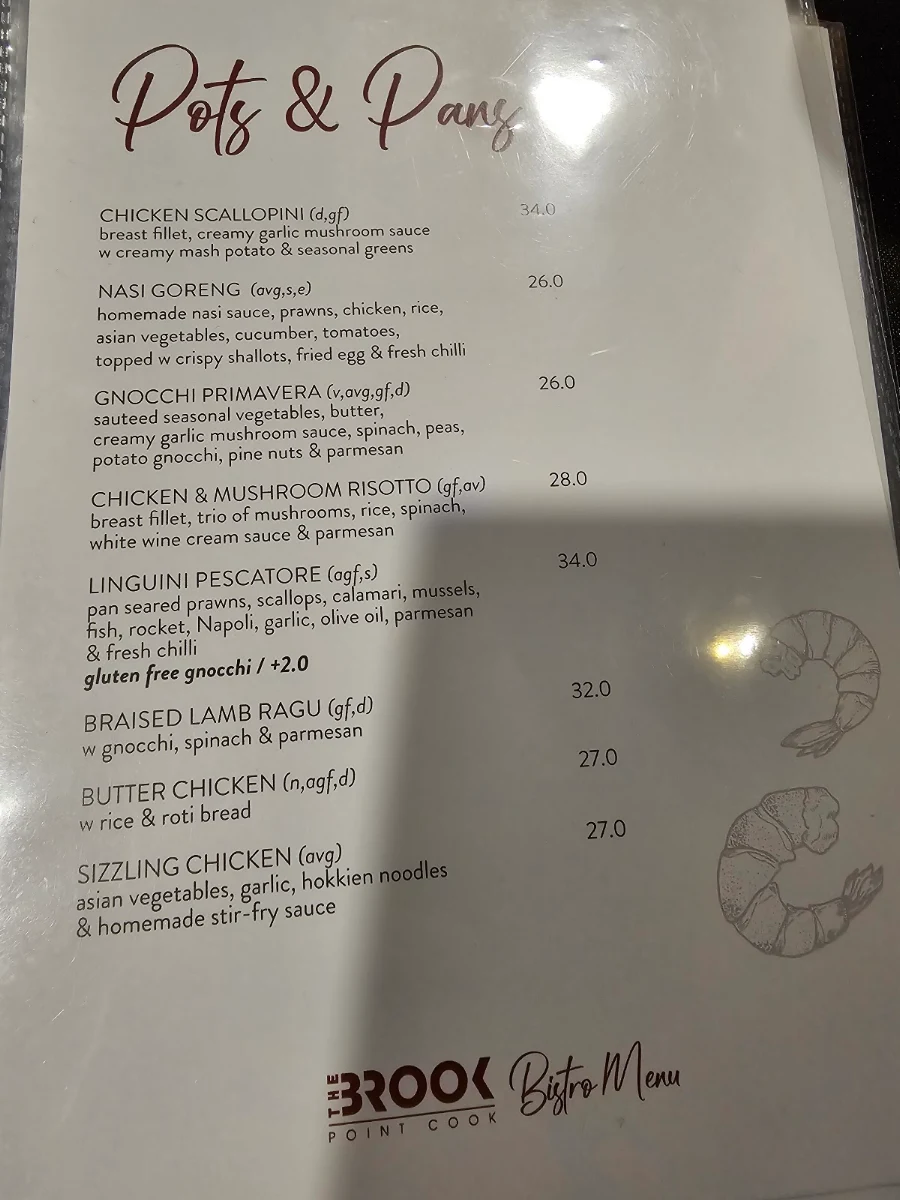 Menu, The Brook Point Cook
