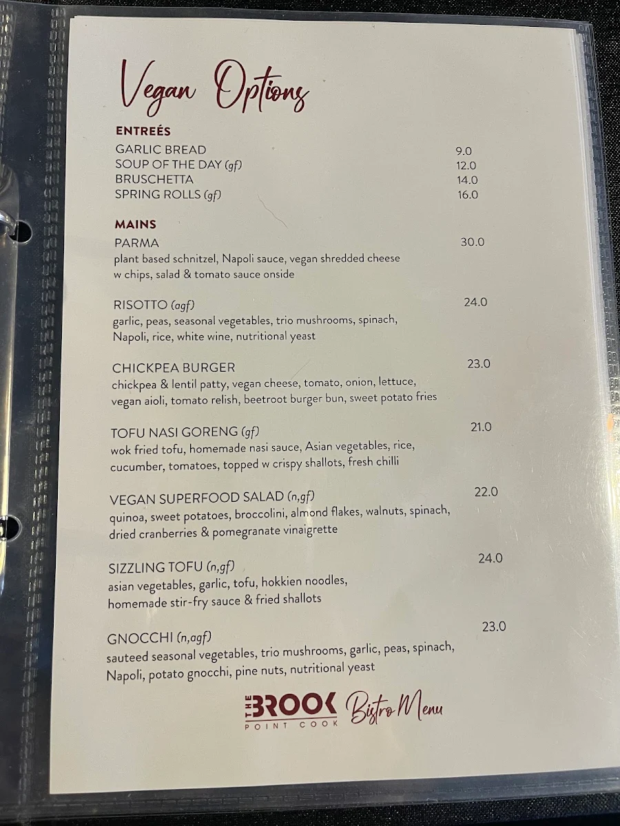 Menu, The Brook Point Cook