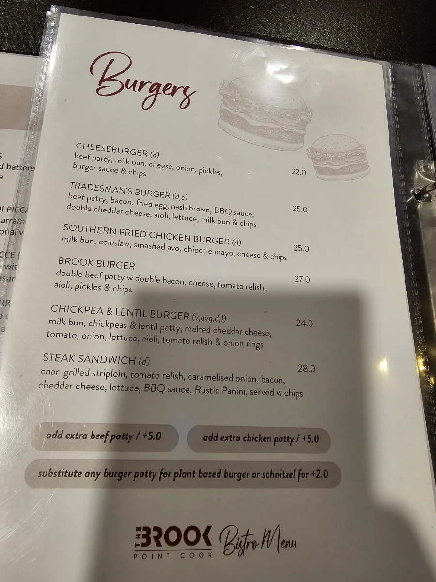 Menu, The Brook Point Cook