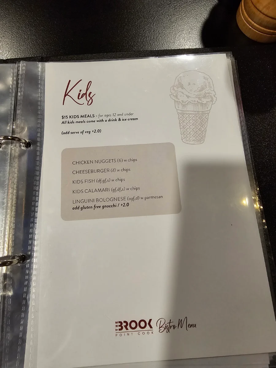 Menu, The Brook Point Cook