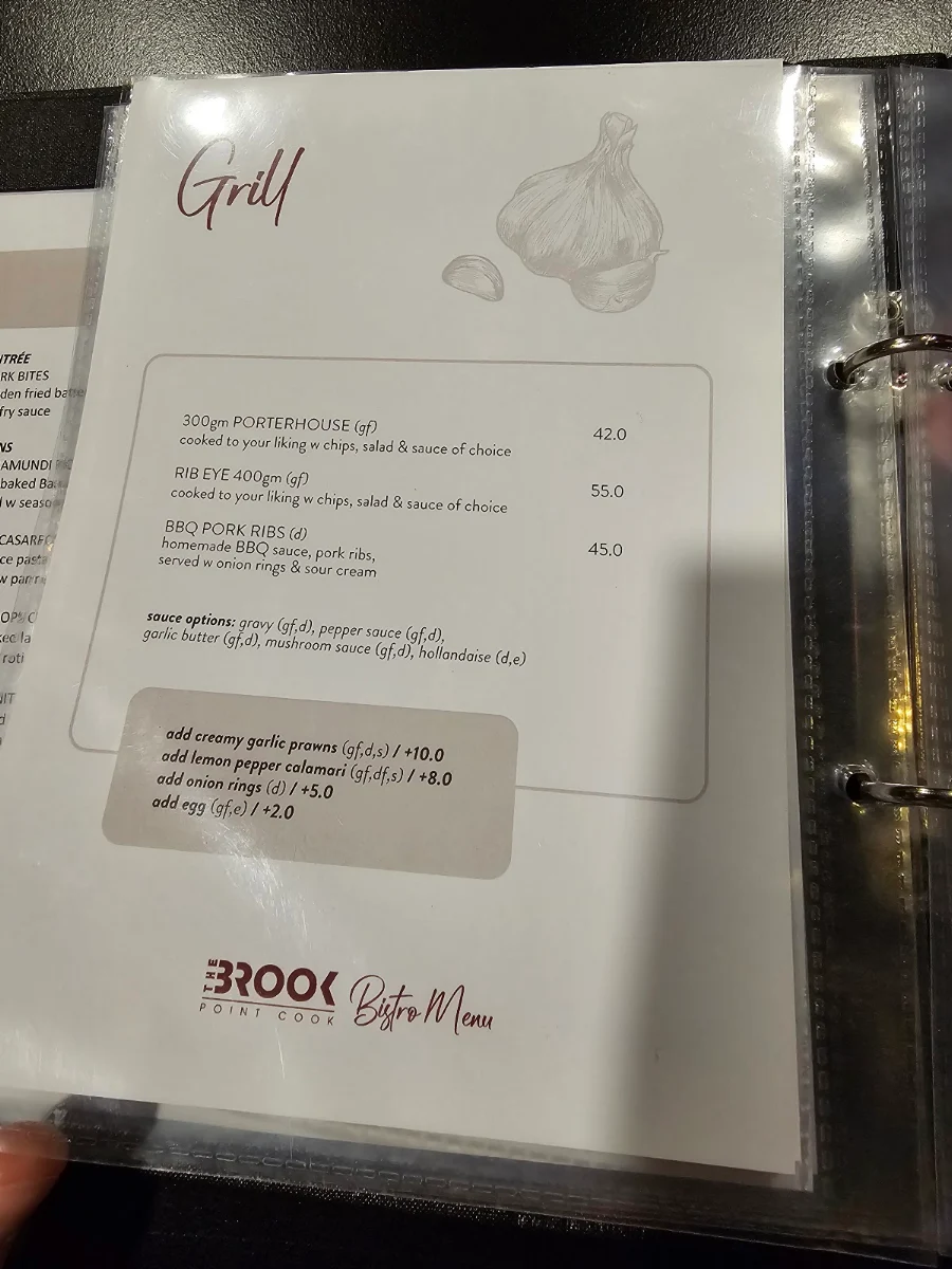 Menu, The Brook Point Cook