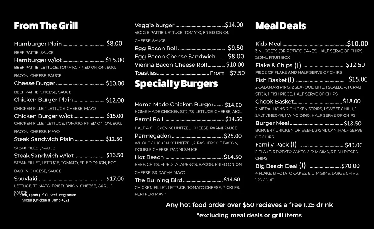 Menu, Old Beach Neighbourhood Store