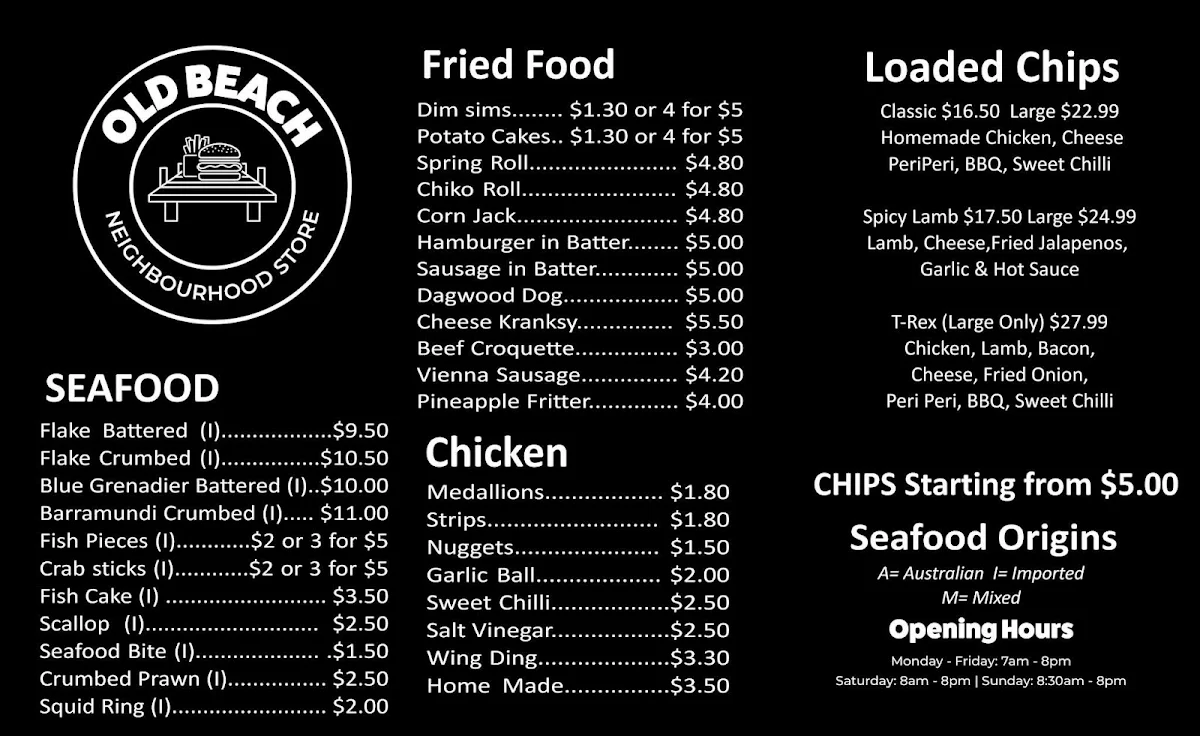 Menu, Old Beach Neighbourhood Store