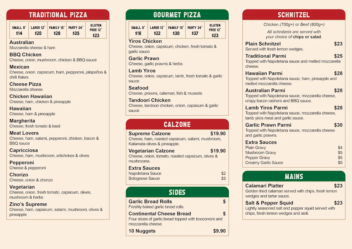 Menu, Zino's Pizza - Clearview