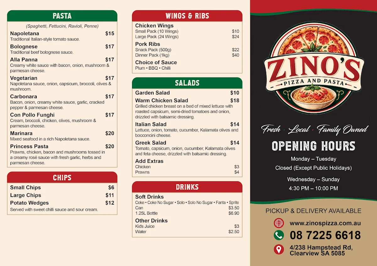 Menu, Zino's Pizza - Clearview