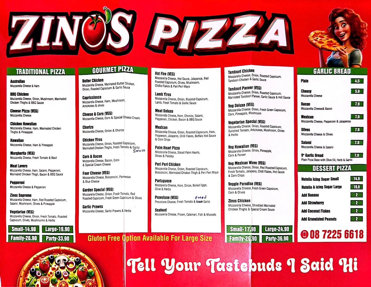 Menu, Zino's Pizza - Clearview