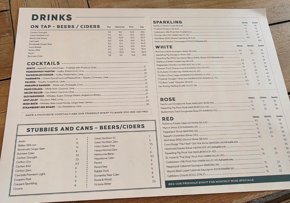 Menu, Panton Hill Hotel
