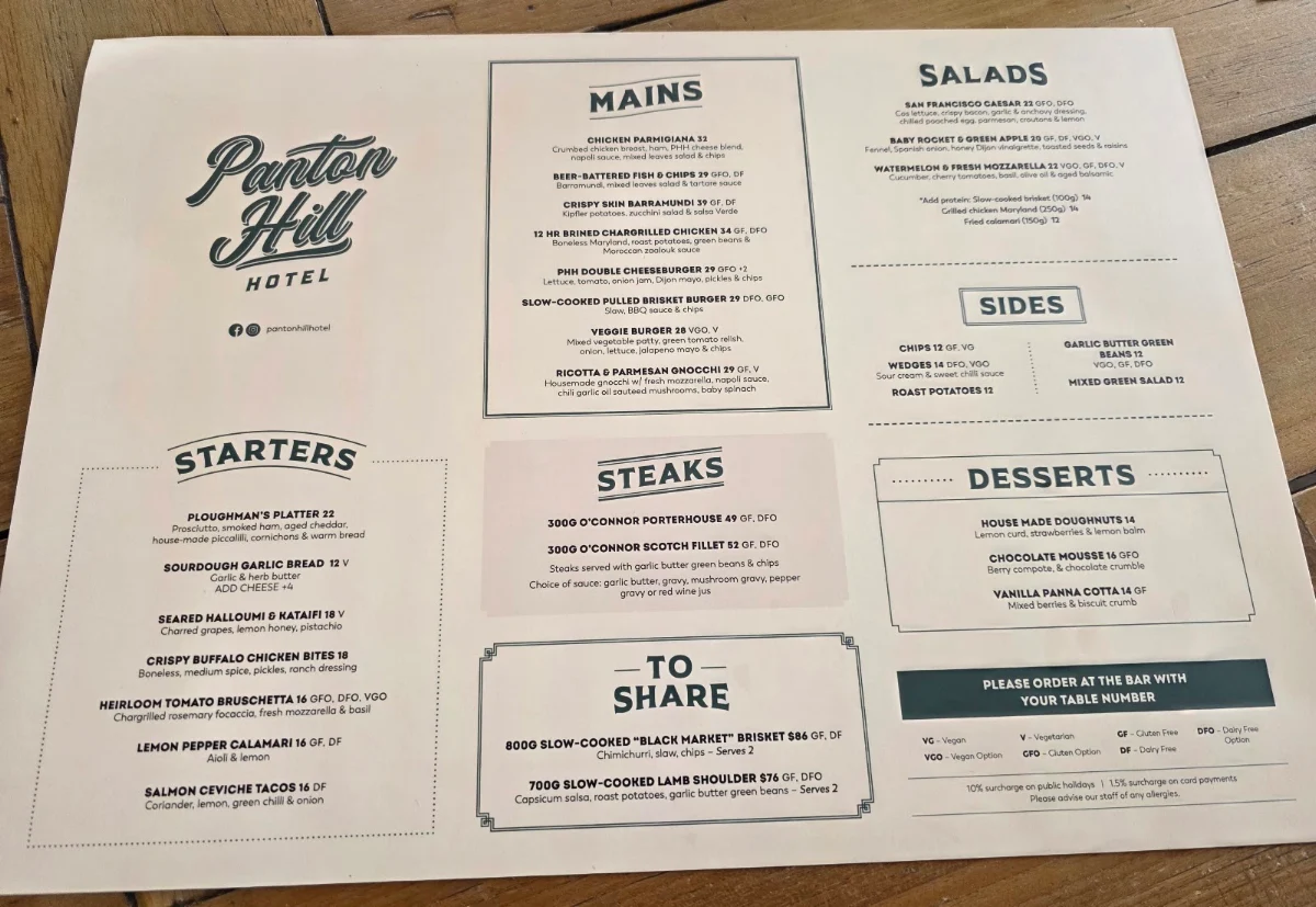 Menu, Panton Hill Hotel