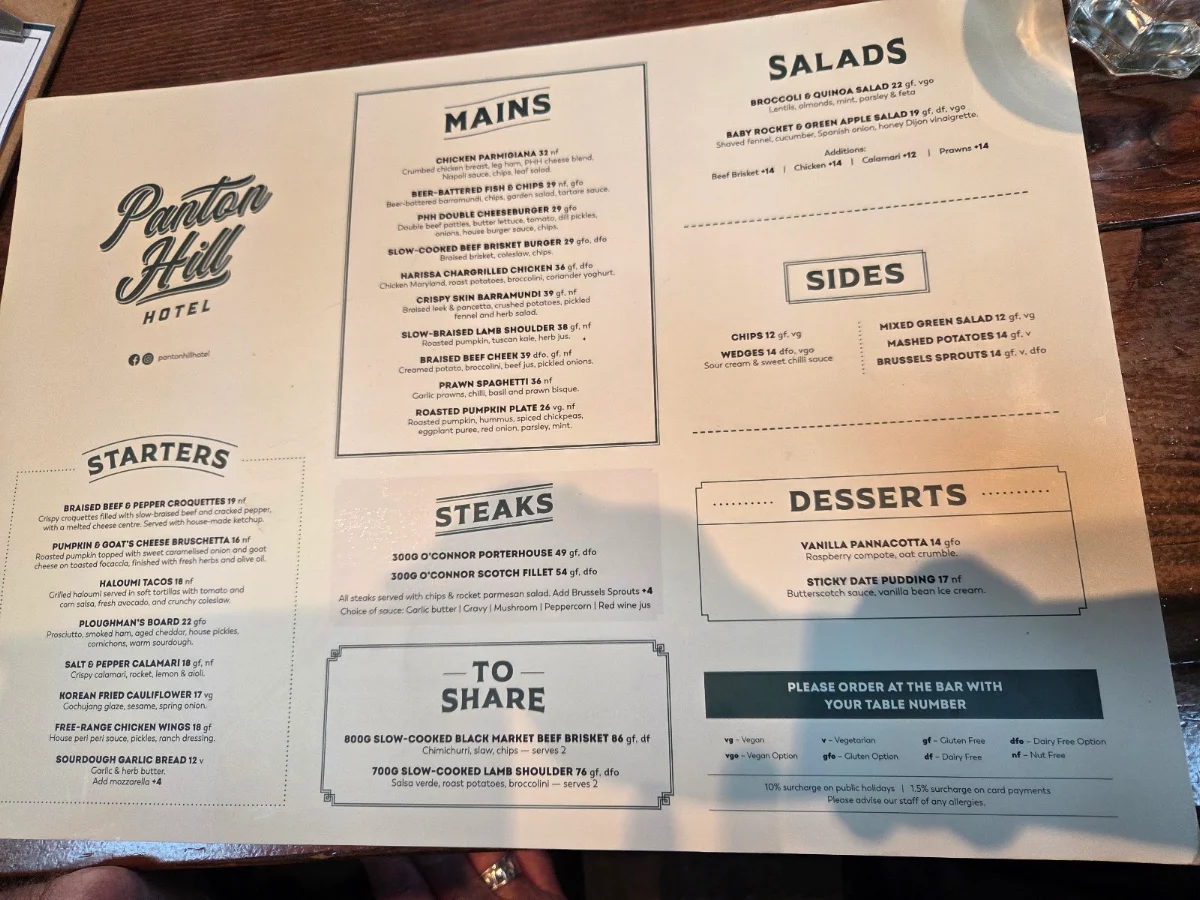 Menu, Panton Hill Hotel