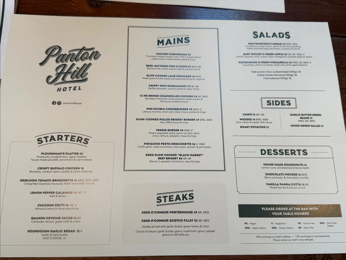 Menu, Panton Hill Hotel