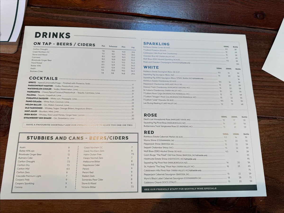Menu, Panton Hill Hotel