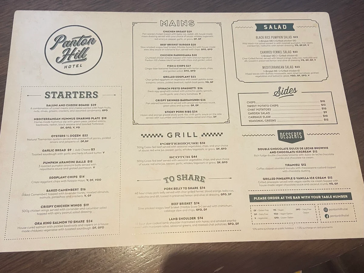 Menu, Panton Hill Hotel