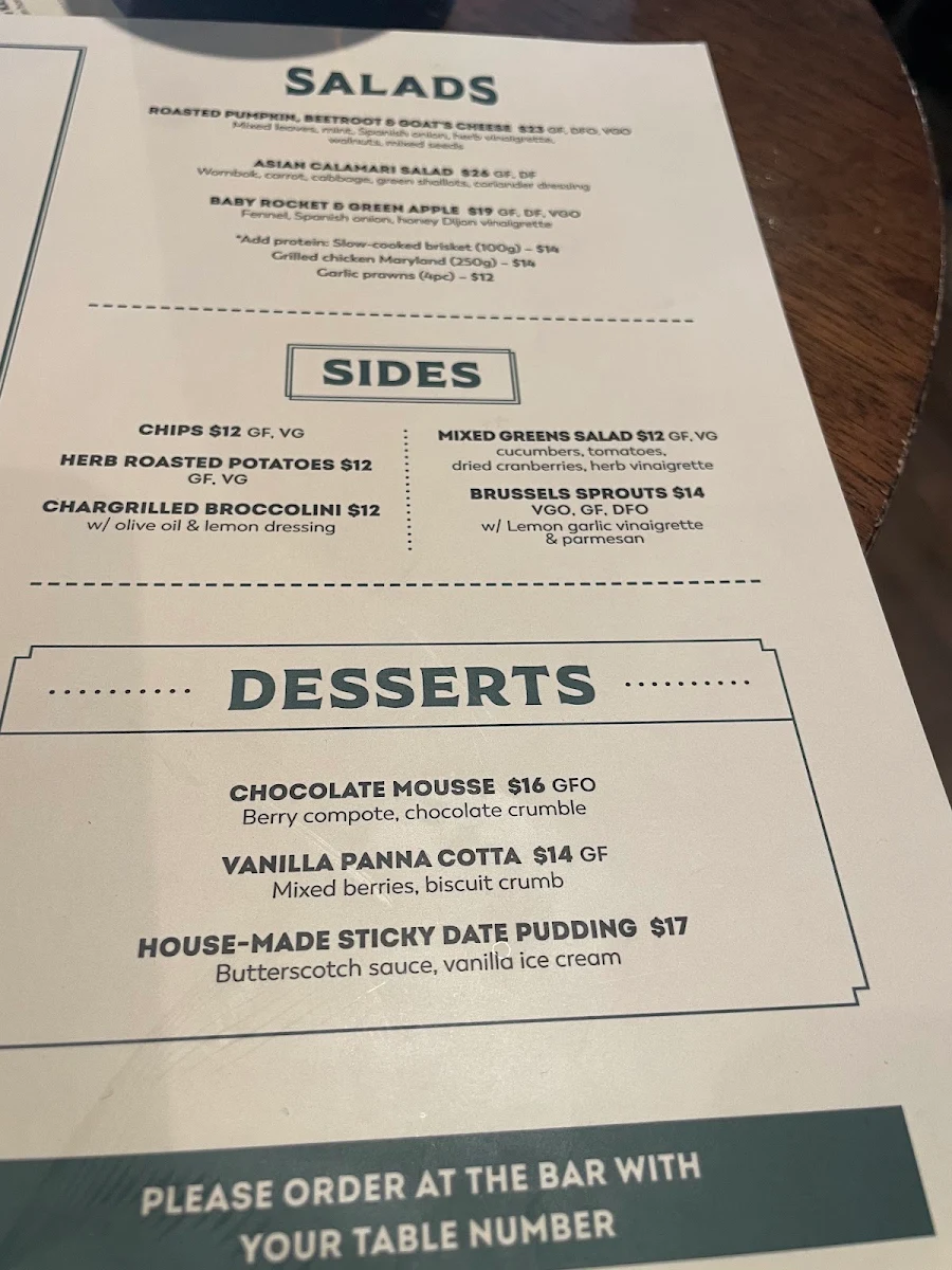 Menu, Panton Hill Hotel