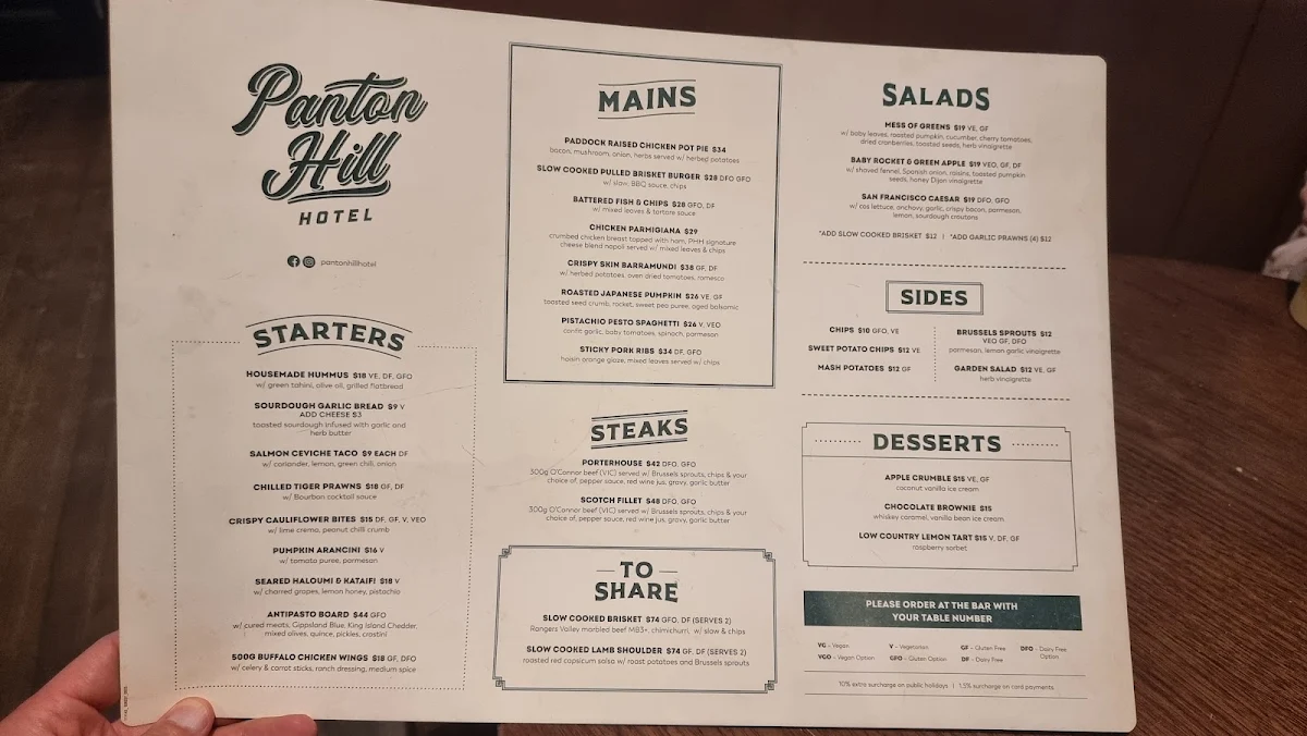 Menu, Panton Hill Hotel