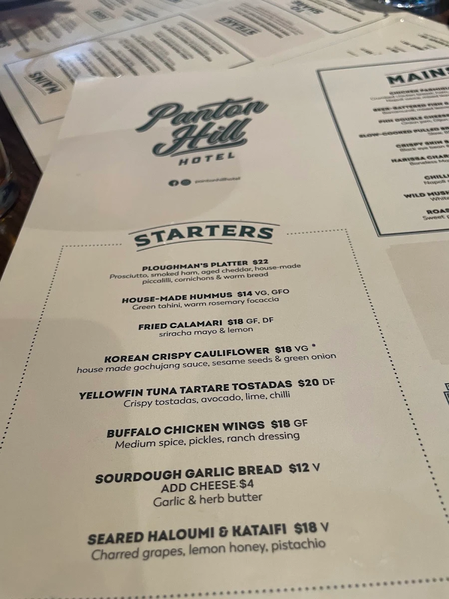 Menu, Panton Hill Hotel